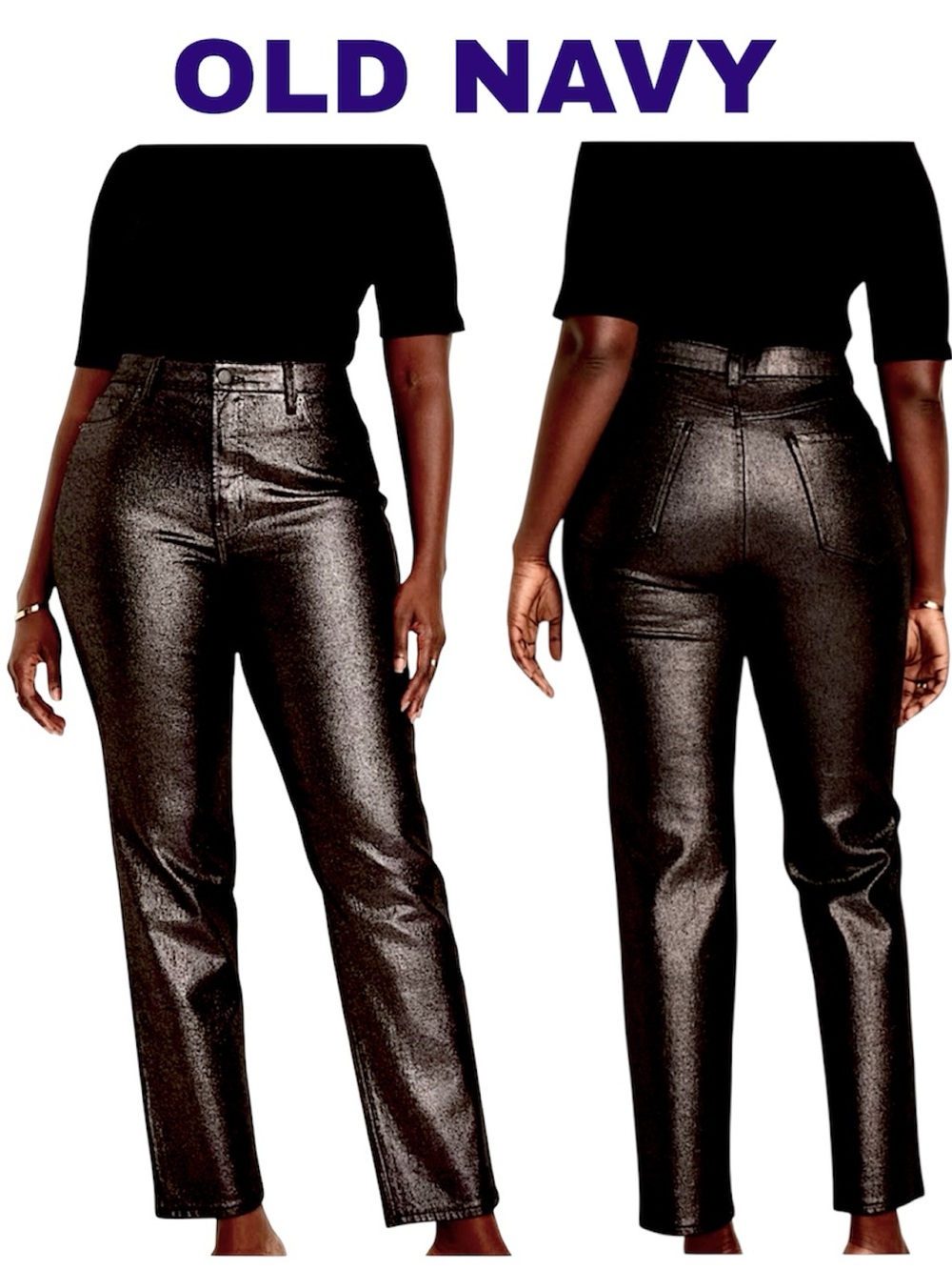 NWT Stunning OLD NAVY Black w/Dark Gold Metallic HighRise Pants sz16